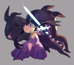  bluekomadori blush closed_mouth commentary english_commentary extra_mouth full_body glowing glowing_sword glowing_weapon grey_background holding holding_sword holding_weapon mawile mega_mawile mega_pokemon no_humans nose_blush pokemon pokemon_(creature) purple_eyes simple_background solo standing sword weapon 