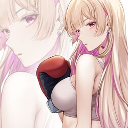  bare_shoulders blonde_hair blunt_bangs boxing_gloves breasts commentary commission earrings english_commentary female highres jewelry large_breasts long_hair looking_at_viewer makurano_neena multicolored_hair parted_lips pink_eyes pink_hair production_kawaii protected_link rakugakki second-party_source solo sports_bra streaked_hair tassel tassel_earrings two-tone_hair upper_body virtual_youtuber white_sports_bra zoom_layer 