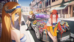  3girls :d absurdres alternate_costume animal_ears arknights bagpipe_(arknights) bare_shoulders bespectacled black_jacket black_skirt blonde_hair blue-framed_eyewear blue_eyes blue_hairband blue_sky breasts camisole car casual chinese_commentary city cleavage collarbone commentary_request crop_top day genera-x glasses hairband highres horns jacket kingdom_of_victoria_logo large_breasts lion_ears long_hair long_sleeves midriff miniskirt motor_vehicle multiple_girls navel off_shoulder open_mouth orange_hair outdoors own_hands_together pointy_ears ponytail saileach_(arknights) siege_(arknights) skirt sky smile stomach strapless tube_top v_arms 