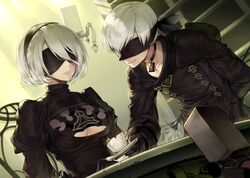  1boy 2b_(nier:automata) 9s_(nier:automata) bag black_blindfold black_choker black_gloves black_hairband blindfold breasts chair choker cleavage cleavage_cutout closed_mouth clothing_cutout collarbone covered_eyes crack cup female floating flower gloves hairband holding holding_flower light_rays mamima mole mole_under_mouth nier:automata nier_(series) parted_lips pink_lips pod_(nier:automata) puffy_sleeves robot see-through short_hair sitting smile table teacup turtleneck white_flower white_hair 