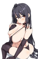  absurdres ass azur_lane bikini black_bikini black_choker black_gloves black_hair black_thighhighs blush breasts choker elbow_gloves female from_behind gloves hand_up highres large_breasts long_hair looking_at_viewer open_mouth red_eyes seihekiog simple_background sitting solo swimsuit taihou_(azur_lane) thighhighs thighs very_long_hair white_background 