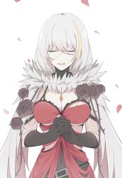  black_flower black_gloves black_rose breasts cape chemise chinese_commentary cleavage code_vein commentary covered_navel dress eva_roux falling_petals female flower fur-trimmed_cape fur_trim gloves guda_(15193248) highres jewelry large_breasts multicolored_hair necklace open_mouth own_hands_clasped own_hands_together petals praying red_dress rose scar scar_on_arm scar_on_face short_hair simple_background solo streaked_hair thorns upper_body white_background white_cape white_hair 