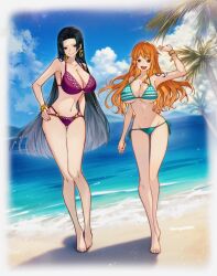  2girls beach bikini black_hair blue_eyes boa_hancock bracelet breasts cleavage cloud earrings highres jewelry kurage20001 large_breasts long_hair looking_at_viewer multiple_girls nami_(one_piece) navel one_piece open_mouth orange_eyes orange_hair palm_tree smile swimsuit tree underboob water 