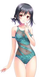  black_hair breasts casual_one-piece_swimsuit cleavage commentary_request cowboy_shot female green_one-piece_swimsuit kimizuka_aoi looking_at_viewer love_live! love_live!_nijigasaki_high_school_idol_club low_ponytail medium_breasts mifune_shioriko one-piece_swimsuit red_eyes short_hair simple_background solo swimsuit thigh_gap white_background 