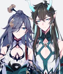  1boy aer007580 bare_shoulders black_hair blue_eyes breasts china_dress chinese_clothes cleavage_cutout clothing_cutout company_connection dan_heng_(honkai:_star_rail) dan_heng_(imbibitor_lunae)_(honkai:_star_rail) dragon_horns dress earrings female fu_hua fu_hua_(azure_empyrea) green_eyes grey_hair hair_ornament hair_over_one_eye hair_stick highres honkai:_star_rail honkai_(series) honkai_impact_3rd horns jewelry long_hair looking_at_viewer multicolored_hair parted_lips pectoral_cleavage pectorals pointy_ears ponytail red_hair simple_background small_breasts spoilers streaked_hair tassel tassel_earrings two-tone_hair white_background 