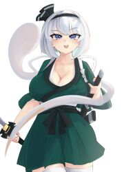  :d absurdres adapted_costume black_hairband blue_eyes blush breasts cleavage collarbone commentary_request female ghost green_kimono grey_hair hairband highres japanese_clothes kimono konpaku_youmu konpaku_youmu_(ghost) large_breasts looking_at_viewer multiple_swords open_mouth sash shinonome_zakuro short_hair simple_background smile solo sword thighhighs touhou variant_set weapon white_background white_thighhighs 