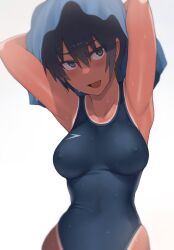  armpits arms_behind_head black_eyes black_hair black_one-piece_swimsuit commentary_request competition_swimsuit covered_navel cowboy_shot dark-skinned_female dark_skin female highres kuronami_(lvi) logo looking_at_viewer lvi one-piece_swimsuit one-piece_tan open_mouth original short_hair simple_background smile solo speedo_(company) swimsuit tan tanlines tomboy towel towel_on_head white_background 