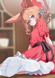  absurdres animal_ears blue_archive blurry blurry_background braid brown_hair closed_mouth dress feet female foot_focus fox_ears hair_bobbles hair_ornament halo highres long_hair looking_at_viewer no_shoes purple_eyes red_dress rumi_(blue_archive) rumi_(small)_(blue_archive) shimofuri short_sleeves sitting smile socks solo white_socks wooden_floor 