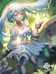  absurdres allenerie aqua_hair armpit_cutout bare_shoulders bracelet clothing_cutout dress faruzan_(genshin_impact) female genshin_impact green_eyes hair_ornament highres jewelry long_hair short_sleeves shoulder_cutout solo twintails white_dress x_hair_ornament 