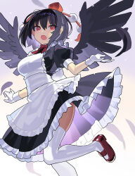  alternate_costume apron black_hair black_wings commentary enmaided falken_(yutozin) feathers female gloves gradient_background hair_between_eyes hat highres looking_at_viewer maid maid_apron open_mouth red_eyes red_footwear red_hat revision shameimaru_aya short_hair solo thighhighs thighs tokin_hat touhou white_gloves white_thighhighs wings 