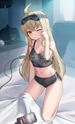  absurdres ahoge bed black_shorts blanket blonde_hair blush breasts cleavage closed_mouth collarbone crop_top female hair_between_eyes highres indoors long_hair looking_at_viewer luciana_de_montefio navel one_eye_closed pillow red_eyes shorts sidelocks sleep_mask solo thighs tist window window_shadow zenless_zone_zero 