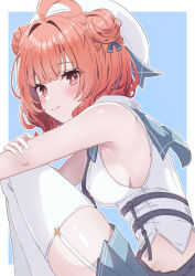  ahoge bare_arms bare_shoulders beret blue_background blue_skirt blush border breasts closed_mouth commentary_request crop_top double_bun feet_out_of_frame female garter_straps hair_bun hat highres knees_up looking_at_viewer looking_to_the_side medium_breasts midriff pleated_skirt red_eyes red_hair shirt sideboob skirt sleeveless sleeveless_shirt smile solo synn032 thighhighs virtual_youtuber vspo! white_border white_hat white_shirt white_thighhighs yumeno_akari 