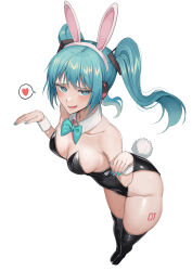  :d absurdres animal_ears aqua_eyes aqua_hair aqua_nails aqua_ribbon bare_shoulders black_leotard black_pantyhose blush bow bowtie breasts detached_collar eren_(user_oeo3632) fake_animal_ears female from_above full_body furrowed_brow hair_ornament hands_up hatsune_miku headphones heart heart-shaped_pupils highres leaning_forward leg_tattoo leotard looking_at_viewer medium_breasts medium_hair no_shoes number_tattoo pantyhose playboy_bunny rabbit_ears rabbit_tail ribbon skindentation smile solo speech_bubble spoken_heart standing strapless strapless_leotard symbol-shaped_pupils tail tattoo traditional_bowtie twintails vocaloid white_background wrist_cuffs 