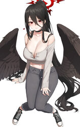  1girls absurdres alternate_costume bare_shoulders black_hair black_nails black_wings blue_archive breasts cleavage female female_only grey_pants grey_shirt hair_between_eyes hasumi_(blue_archive) highres invisible_chair justice_task_force_(blue_archive) large_breasts long_hair long_sleeves looking_at_viewer mochirong mole_under_eye nail_polish navel ponytail red_eyes sidelocks sitting smile sneakers solo thigh_gap trinity_general_school_student very_long_hair white_background wings 