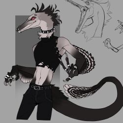  alternative_fashion anthro austroraptor belt black_clothing clenched_teeth clothing collar crop_top cryptid_jhin dinosaur dromaeosaurid eyebrow_piercing facial_piercing feathered_dinosaur feathered_scalie feathers goth hi_res looking_at_viewer male multicolored_body multicolored_feathers nose_piercing piercing prehistoric_species red_eyes reptile ring ring_piercing scalie shirt smile solo spiked_collar spikes teeth theropod topwear two_tone_body two_tone_feathers white_body white_feathers 