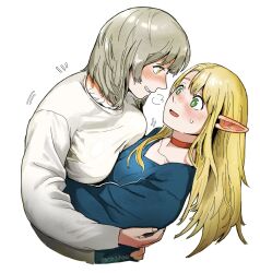  2girls asymmetrical_docking blonde_hair blush breast_press breasts bright_pupils brown_eyes co1fee dungeon_meshi falin_touden green_eyes grin highres hug large_breasts long_sleeves looking_at_another marcille_donato multiple_girls parted_lips pointy_ears short_hair simple_background small_breasts smile teeth white_background white_pupils yuri 