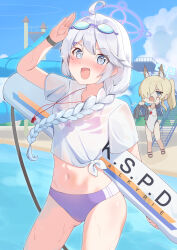  2girls @_@ absurdres ahoge animal_ears belly bikini black_vest blonde_hair blue_archive blue_eyes blue_halo blue_sky blush braid breasts chibi cloud cloudy_sky cowboy_shot dog_ears embarrassed eyewear_on_head goggles goggles_on_head hair_ornament hairclip halo highres hituji03-24 kanna_(blue_archive) kanna_(swimsuit)_(blue_archive) kirino_(blue_archive) kirino_(swimsuit)_(blue_archive) looking_at_viewer medium_breasts multiple_girls navel notice_lines official_alternate_costume open_mouth ponytail purple_bikini purple_halo salute see-through_clothes see-through_shirt shirt shouting single_braid sky solo_focus swim_goggles swimsuit vest water_slide wet wet_clothes whistle whistle_around_neck white_hair 