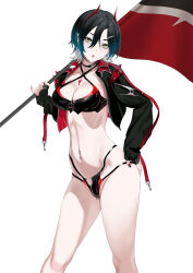  azur_lane bikini black_jacket breasts cleavage cross_piercing crotch_zipper feet_out_of_frame female flag hair_between_eyes hand_on_own_ass highres holding holding_flag horns jacket latex latex_bra latex_panties long_sleeves looking_at_viewer mechanical_horns medium_breasts multi-strapped_panties multicolored_hair navel_piercing official_alternate_costume panties piercing race_flag race_queen red_horns short_hair solo standing swimsuit ulrich_von_hutten_(azur_lane) ulrich_von_hutten_(ignition_matrician)_(azur_lane) underwear wakusei-planet yellow_eyes zipper_bikini 