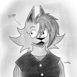  anthro big_breasts black_nose breasts canid canine canis clothed clothing coyote coyotebass digital_media_(artwork) ear_tuft female fur hair hi_res mammal monochrome simple_background smile solo tuft xanny_(coyotebass) 