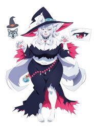  animal_ear_fluff animal_ears animal_nose breasts claw_pose claws cleavage close-up collar ears_through_headwear english_commentary female full_body grey_hair grey_tail hair_between_eyes hat highres jewelry large_breasts long_hair long_skirt looking_at_viewer navel necklace oerba_yun_fang open_mouth original pink_eyes plump simple_background skirt solo spiked_collar spikes standing straight-on tomatomagica white_background wide_sleeves witch_hat wolf 