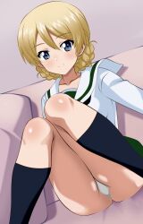  absurdres alternate_costume black_neckerchief black_socks blonde_hair blouse blue_eyes blush braid braided_bun closed_mouth collarbone couch darjeeling_(girls_und_panzer) dutch_angle female girls_und_panzer green_skirt hair_bun highres kiniro_tofu legs long_sleeves looking_at_viewer miniskirt neckerchief on_couch ooarai_school_uniform panties pleated_skirt revision sailor_collar school_uniform serafuku shirt short_hair sitting skirt smile socks solo thighs twin_braids underwear white_panties white_sailor_collar white_shirt 