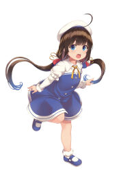  :o absurdres ahoge arm_at_side beret blue_dress blue_eyes blue_footwear blue_hair blunt_bangs breasts brown_hair buttons collared_dress dress female floating_hair foot_up frilled_sleeves frills full_body gradient_hair hair_ornament hat highres hinatsuru_ai leaning_forward lolicon long_hair long_sleeves looking_at_viewer low_twintails mary_janes multicolored_hair neck_ribbon open_mouth rebutsu ribbon ryuuou_no_oshigoto! shoes short_dress simple_background small_breasts socks solo standing standing_on_one_leg straight_hair teeth twintails upper_teeth_only very_long_hair white_background white_hat white_sleeves white_socks yellow_ribbon 