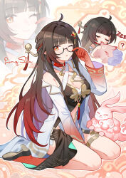  ? black-framed_eyewear black_footwear black_hair brown_hair character_name coat colored_skin dress female glasses gou_lianlian_dogface gradient_hair highres honkai:_star_rail honkai_(series) lingsha_(honkai:_star_rail) long_hair long_sleeves looking_at_viewer multicolored_hair multiple_views one_eye_closed parted_lips pointy_ears red_skin shoes sitting smile spoken_question_mark wariza white_coat 