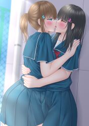  2girls black_hair blue_eyes blue_sailor_collar blue_serafuku blue_shirt blue_skirt brown_eyes brown_hair chain-link_fence commentary_request day eye_contact fence french_kiss hair_ornament hand_on_another&#039;s_shoulder hand_on_another&#039;s_waist highres kissing leg_between_thighs lino_(lilyparty07) looking_at_another mole mole_under_eye multiple_girls neckerchief original outdoors pleated_skirt ponytail profile red_neckerchief sailor_collar school_uniform serafuku shirt short_sleeves skirt yuri 