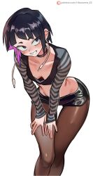  alternate_costume audio_jack black_eyes black_hair black_pantyhose blunt_bangs blush boku_no_hero_academia breasts cleavage collarbone colored_inner_hair ear_piercing female highres jirou_kyouka long_earlobes looking_at_viewer midriff multicolored_hair open_mouth pantyhose patreon_username piercing purple_hair ribosoma_42 shirt short_hair simple_background small_breasts smile solo stomach striped_sleeves white_background 