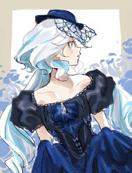  alternate_costume bare_shoulders blue_dress blue_hair blue_hat brooch dress female furina_(genshin_impact) genshin_impact hat highres jewelry multicolored_hair off-shoulder_dress off_shoulder parted_lips short_sleeves solo streaked_hair talesofmea white_hair 