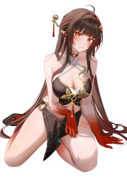  bare_shoulders black_footwear blush breasts brown_dress brown_hair chinese_clothes cleavage colored_extremities commentary criss-cross_halter dress female fingernails hair_intakes hair_ornament halterneck highres honkai:_star_rail honkai_(series) jewelry large_breasts lingsha_(honkai:_star_rail) long_hair long_sidelocks looking_at_viewer midriff multiple_rings navel orange_eyes paid_reward_available parted_lips pointy_ears red_hands red_nails ring ru_zhai simple_background sitting solo very_long_hair white_background yokozuwari 