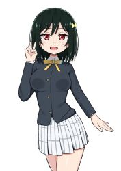  black_jacket blush breasts collared_shirt commentary_request contrapposto cowboy_shot female green_hair hair_between_eyes hair_ribbon hand_up highres jacket kooei long_sleeves looking_at_viewer love_live! love_live!_nijigasaki_high_school_idol_club medium_breasts medium_hair mifune_shioriko miniskirt neck_ribbon nijigasaki_school_uniform oerba_yun_fang open_mouth plaid_clothes plaid_skirt pleated_skirt red_eyes ribbon school_uniform shirt skin_fang skirt solo standing v white_background white_shirt white_skirt winter_uniform yellow_ribbon 