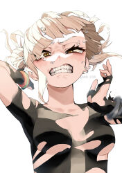  absurdres arm_up blonde_hair boku_no_hero_academia breasts chibi_228 crying crying_with_eyes_open double_bun fangs female hair_bun highres light_blush simple_background small_breasts solo tears teeth toga_himiko white_background yellow_eyes 