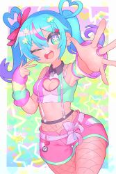  absurdres alternate_costume alternate_hairstyle aqua_hair armpits blue_hair bow detached_sleeves female fishnet_pantyhose fishnets flower-shaped_pupils hair_ornament hatsune_miku highres looking_at_viewer midriff multicolored_hair navel nishitin open_mouth pantyhose pink_shorts purple_hair short_hair shorts smile solo star_symbol_background symbol-shaped_pupils twintails two-tone_hair vocaloid 