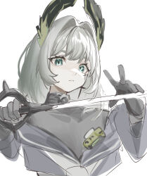  arknights black_gloves blue_eyes female gloves grey_hair grey_shirt hair_intakes highres holding holding_sword holding_weapon irene_(arknights) irene_(the_adjudicatrix_and_her_resolve)_(arknights) jagaimo_(fkpx3827) long_hair official_alternate_costume shirt solo sword upper_body weapon 