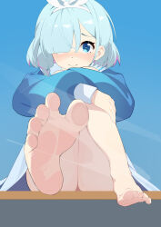  absurdres arona_(blue_archive) barefoot blue_archive blue_eyes blue_hair blue_shirt closed_mouth feet female foot_focus from_below hair_over_one_eye hairband highres hugging_own_leg long_sleeves looking_at_viewer puffy_long_sleeves puffy_sleeves shirt sitting skirt soles solo sp_(8454) toes white_hairband white_skirt 