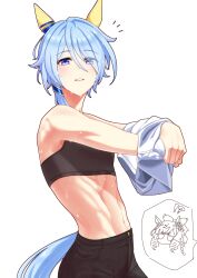  absurdres animal_ears black_pants black_sports_bra blue_eyes blue_hair female highres horse_ears horse_girl horse_tail k.s.miracle_(umamusume) looking_at_viewer navel pants senchan_7 shirt_partially_removed simple_background solo sports_bra sweat tail toned_female umamusume white_background 