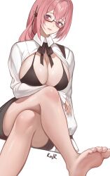  artist_name bare_legs barefoot black_bow black_bowtie black_bra black_skirt blush bow bowtie bra breasts closed_mouth crossed_legs earphones feet female foot_focus glasses highres kaiiijr large_breasts long_hair pink_hair purple_eyes shirt simple_background sitting skirt soles solo toes tsukishiro_yanagi underwear white_background white_shirt zenless_zone_zero 