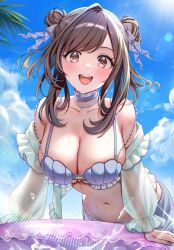  8n0_g alternate_hairstyle bare_shoulders bikini blue_bikini blue_choker blue_nails blue_sky blush bow breasts brown_eyes brown_hair choker cleavage collarbone commission day dot_nose double_bun female floating_hair green_shirt hair_bun hair_ribbon hairbow highres idolmaster idolmaster_shiny_colors jewelry large_breasts leaning_forward lens_flare long_hair long_sleeves looking_at_viewer nail_polish navel necklace off_shoulder open_mouth outdoors palm_tree pearl_necklace purple_ribbon rainbow_gradient ribbon sarong see-through_clothes see-through_shirt shell shell_bikini shirt skeb_commission sky smile solo splashing sunlight swept_bangs swim_ring swimsuit teeth tree tsukioka_kogane upper_teeth_only water wet 