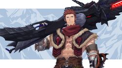  1boy 47_(479992103) abs alternate_costume alternate_weapon arm_up bara beard biceps blue_eyes brown_hair chest crossover facial_hair fate/grand_order fate_(series) gloves highres holding holding_weapon jewelry looking_at_viewer male_focus monster_hunter monster_hunter:_world mountain muscle napoleon_bonaparte_(fate/grand_order) necklace open_clothes over_shoulder pants pectorals revealing_clothes scar scarf simple_background smile solo standing weapon weapon_over_shoulder 