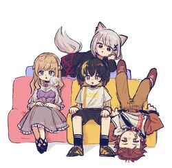  2boys 3girls :o animal_ear_fluff animal_ears black_footwear black_hair black_shorts blonde_hair braid brown_footwear brown_hair brown_jacket brown_pants chibi couch crown_braid fox_ears fox_tail gaon_(nijisanji) green_eyes grey_hair grey_shirt grey_skirt highres jacket kunni lee_siu min_suha multicolored_hair multiple_boys multiple_girls nijisanji nijisanji_kr oh_jiyu open_mouth pants red_eyes shirt shorts skirt so_nagi streaked_hair tail virtual_youtuber 