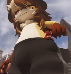  2023 3d_(artwork) anthro black_bottomwear black_clothing black_shorts bottomwear brown_hair bulge canid canine city clothed clothing cloud demon digital_media_(artwork) dragon duo fox foxkuma fur hair hi_res kiry_(dvorakir) larger_male lidded_eyes looking_down looking_down_at_another macro male mammal micro mythological_creature mythological_scalie mythology navel open_mouth open_smile pawpads red_hair scalie shorts size_difference size_play sky smaller_male smile solo_focus spade_tail tail thick_thighs tooeks topless topless_anthro topless_male wide_hips wingless_dragon 