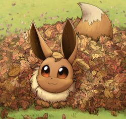  2022 ambiguous_gender brown_body brown_eyes brown_fur digital_media_(artwork) dipstick_tail eevee feral fur generation_1_pokemon grass hi_res inner_ear_fluff leaf long_ears markings neck_tuft nintendo otakuap plant pokemon pokemon_(species) smile solo tail tail_markings tan_body tan_fur tuft 