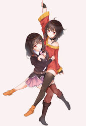  2girls absurdres ahoge bare_shoulders beige_background black_footwear black_hair black_thighhighs boots braid brown_hair collar collarbone commentary_request dress fingerless_gloves frills gloves highres kono_subarashii_sekai_ni_shukufuku_wo! long_hair long_sleeves looking_at_viewer m.tokotsu megumin multiple_girls orange_footwear pink_skirt red_collar red_dress red_eyes short_hair simple_background skirt thighhighs yunyun_(konosuba) yuri 