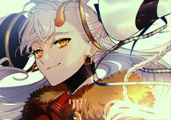  absurdres albino_(a1b1n0623) bad_id bad_pixiv_id blonde_hair braid earrings fate/grand_order fate_(series) female floating floating_object fur_collar hair_ornament hair_ribbon highres horns jewelry long_braid long_hair looking_at_viewer olga_marie_animusphere portrait ribbon single_horn smile solo spoilers u-olga_marie white_hair yellow_eyes 