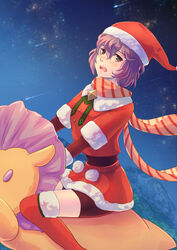  bernadetta_von_varley bernadetta_von_varley_(winter) bike_shorts blush boots commentary_request dress female fire_emblem fire_emblem:_three_houses fire_emblem_heroes flying grey_eyes hat highres night night_sky open_mouth pom_pom_(clothes) purple_hair riou_(pooh920) santa_costume santa_dress santa_hat scarf shooting_star short_hair sky solo striped_clothes striped_scarf thigh_boots thighhighs 