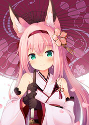  absurdres animal_ear_fluff animal_ears azur_lane bad_id bad_pixiv_id bare_shoulders black_gloves blush bow cherry_blossom_print closed_mouth commentary_request detached_sleeves female floral_print gloves green_eyes hair_between_eyes hairband hairbow hanazuki_(azur_lane) highres holding holding_umbrella japanese_clothes kimono long_hair long_sleeves looking_at_viewer nekono_rin obi oil-paper_umbrella petals pink_hair print_umbrella purple_umbrella red_bow red_hairband sash sleeveless sleeveless_kimono smile solo umbrella upper_body white_kimono wide_sleeves 