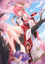  absurdres animal_ears anklet bare_shoulders barefoot between_feet blush breasts commentary_request detached_sleeves earrings feet female fox_ears genshin_impact hair_ornament highres holding_with_feet jewelry lalazyt large_breasts legs long_hair looking_at_viewer md5_mismatch necklace outdoors partial_commentary pendant pink_hair purple_eyes red_skirt resolution_mismatch sidelocks sitting skirt sleeveless slime_(genshin_impact) smile source_larger tree very_long_hair wide_sleeves yae_miko 