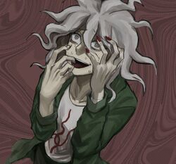  1boy bad_id bad_twitter_id brown_pants coat collarbone commentary_request cowboy_shot crazy crazy_eyes danganronpa_(series) danganronpa_2:_goodbye_despair doggye_(zginrwsn) dutch_angle finger_in_own_mouth green_coat grey_hair hair_between_eyes halftone halftone_background hands_on_own_face hands_up highres komaeda_nagito korean_commentary long_hair long_sleeves male_focus nail_polish open_clothes open_coat open_mouth pants print_shirt red_nails shirt solo sweat white_shirt 