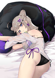  0shino aa-12_(girls&#039;_frontline) aa-12_(smokeless_lollipop)_(girls&#039;_frontline) absurdres ahoge ass bags_under_eyes bare_shoulders bed_sheet bikini bikini_under_clothes black_bikini blue_eyes commentary cone_hair_bun earrings female girls&#039;_frontline grey_hair hair_bun hair_ears hair_ornament hairclip highres jewelry long_hair looking_at_viewer lying no_pants off-shoulder_shirt off_shoulder on_side pillow shirt side-tie_bikini_bottom sidelocks smile solo string_bikini swimsuit thighs white_shirt x_hair_ornament 